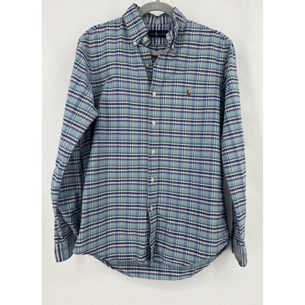 Ralph Lauren Shirt Mens Medium Light Blue Green Plaid Long Sleeve Button Down